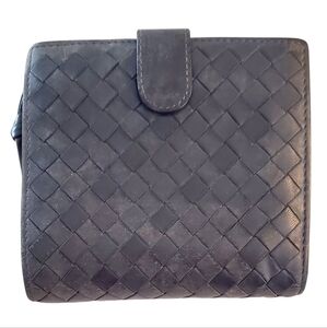 BOTTEGA VENETA Calfskin Intreaccio Weave French Flap Bi-Fold Wallet in Navy Blue